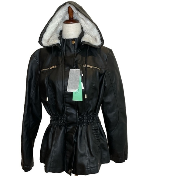 NWT Cavalini Faux Leather with Hood Jacket Black Size PM - Picture 1 of 15